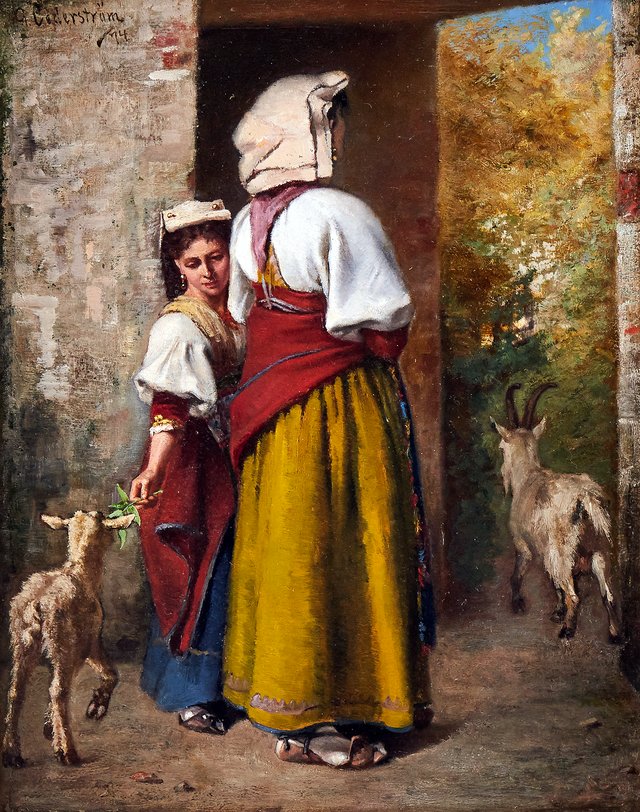 Woman and young girl with goats at a doorway by Gustaf Cederström