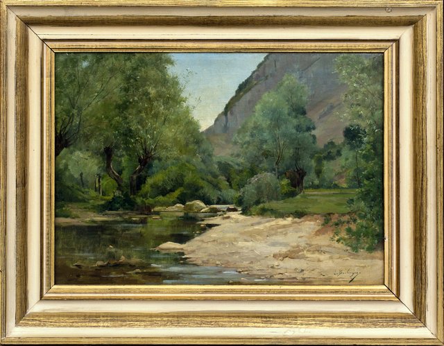 Mountain landscape with watercourse. by Louis Boulanger