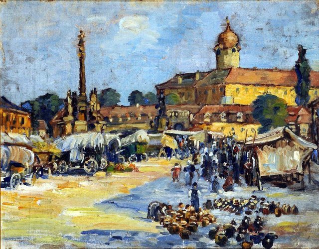 A town square market with figures by Zdenka Braunerová