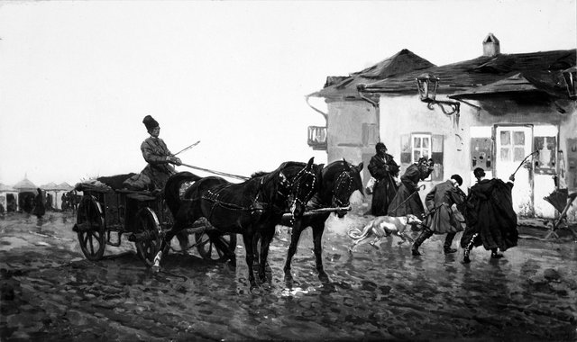 Józef Chełmoński Dwaj mężczyźni wchodzący do parterowego budynku by Józef Chełmoński