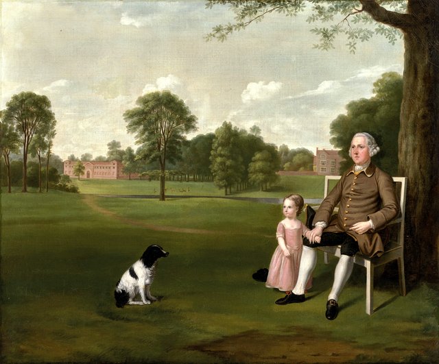 Portrait of John, 2nd Lord Monson (1727-1774), and his eldest son, John (1753-1805), in the grounds of Broxbornebury Park, Hertfordshire by Arthur Devis