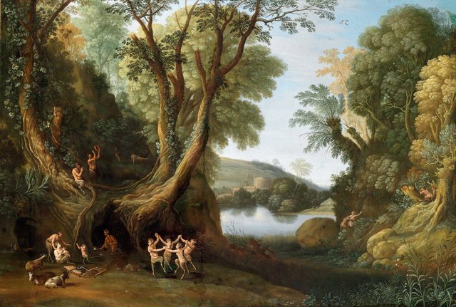 Fauns in a wooded landscape by Paul Bril