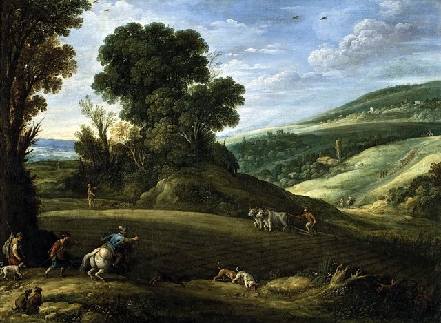 An extensive landscape with hunters crossing a field being ploughed by Paul Bril