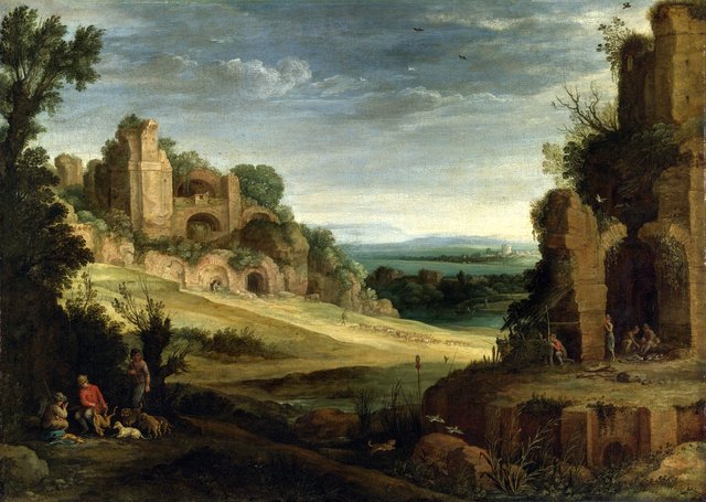 Landscape with a hunting party and Roman ruins by Paul Bril