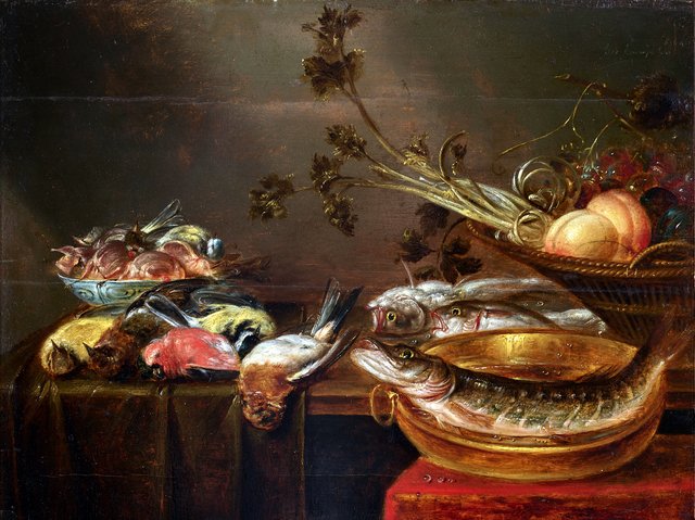 Still life with fish, birds and fruit by Alexander Adriaenssen
