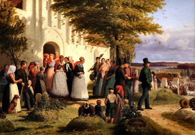 Brudefærd fra det nordlige Sjælland, hvor den hjemkomne soldat finder sin forlovede som en andens brud by Jørgen Sonne