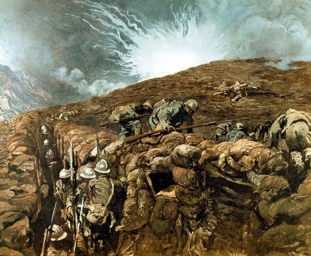 Infantry leap from the trenches of Santa Caterina by Giulio Aristide Sartorio