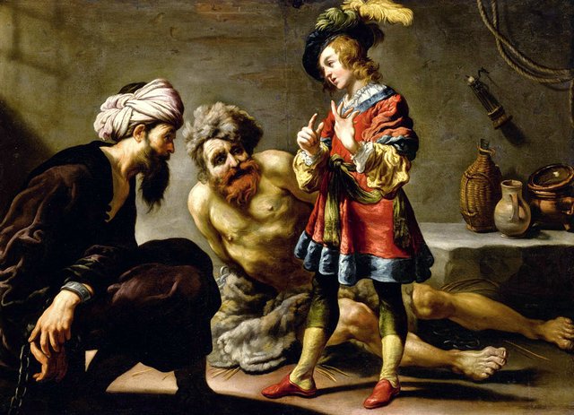 Joseph in prison interprets the dreams of the cupbearer and the baker by Claude Vignon