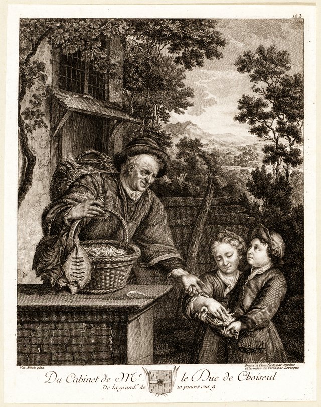 An old Fishmonger selling shrimp to two children by Willem van Mieris