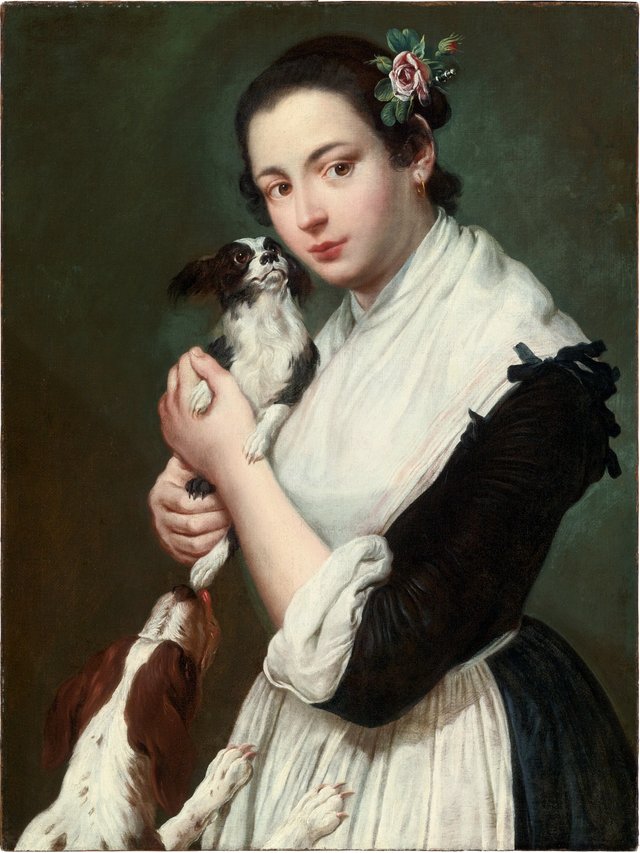 Young woman with two dogs by Giacomo Ceruti