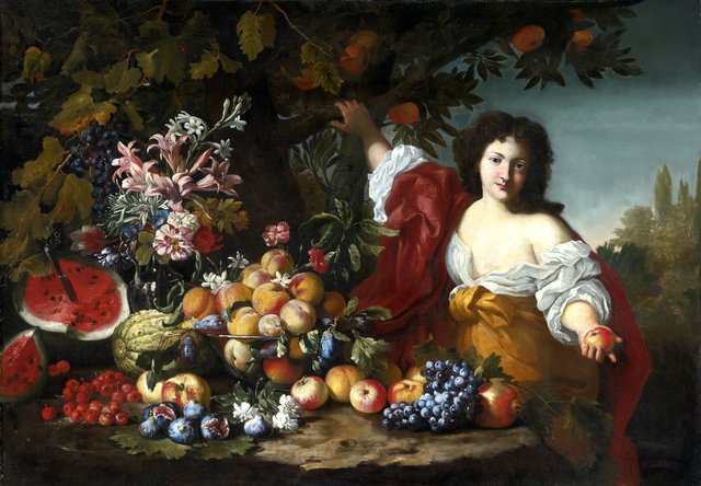 Still life of fruits and flowers with a figure by Abraham Brueghel