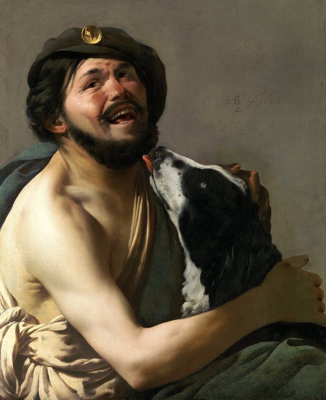 A Laughing Bravo (mercenary) with his Dog by Hendrick ter Brugghen