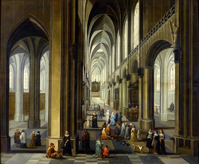 Cathedral interior with figures worshipping, promenading and giving alms by Pieter Neefs the Younger