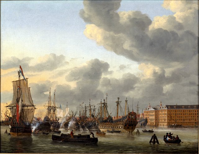 View of the IJ and 's Lands Sea-arsenal in Amsterdam, at low tide in 1664 by Reinier Nooms