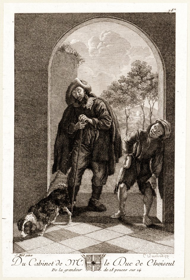 Blind man with a child and dog in a doorway by Willem van Mieris