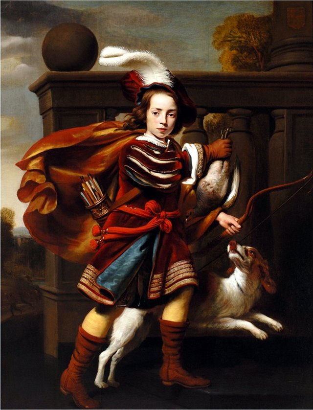 Portrait of a young boy as a hunter with his King Charles Spaniel / Portrait of an unknown boy by Cornelis Bisschop