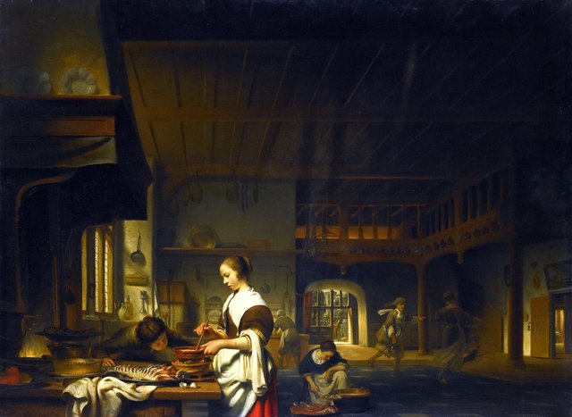 Kitchen interior with a woman cooking and a boy blowing flames by Cornelis Bisschop