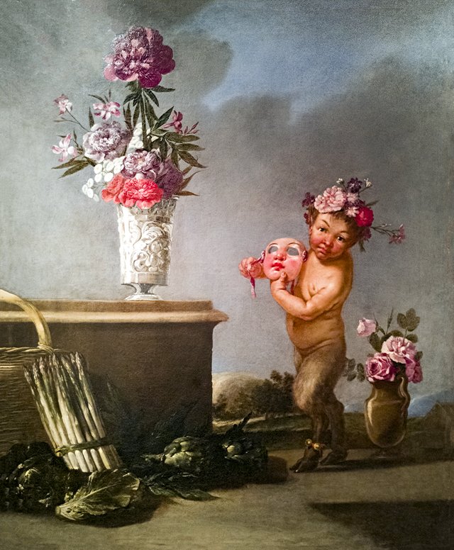 Faun with mask, still life and two flower vases by Giulio Carpioni