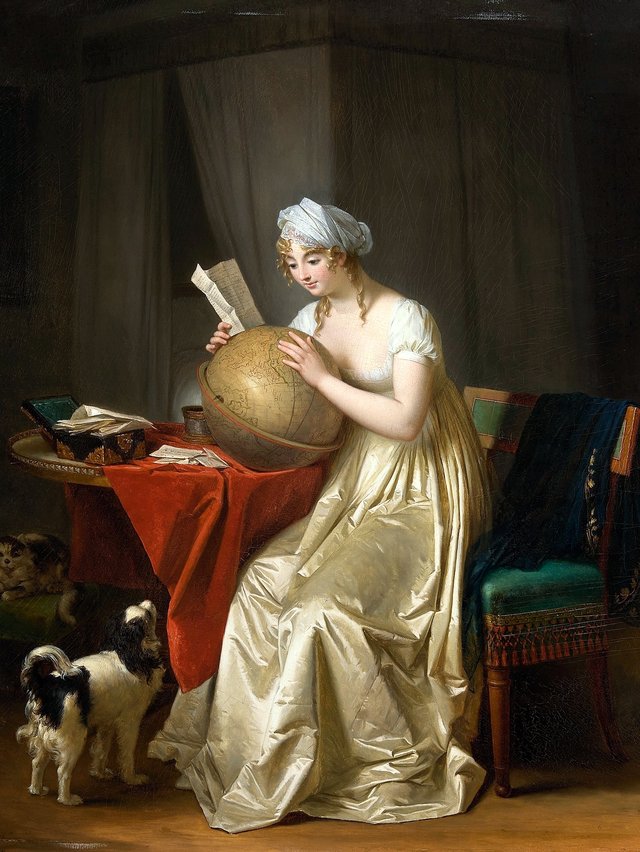 Jeune femme consultant un globe by Marguerite Gérard