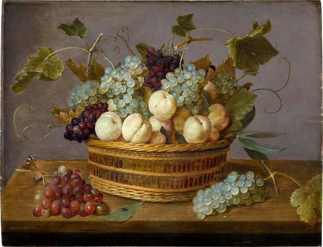 Still life of peaches and grapes in a basket by Jacob van Hulsdonck