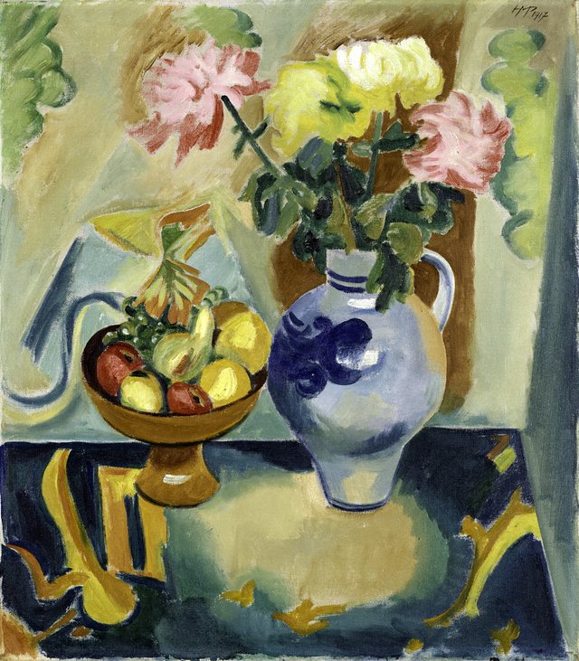 Stilleben mit Chrysanthemen und Früchten by Max Pechstein