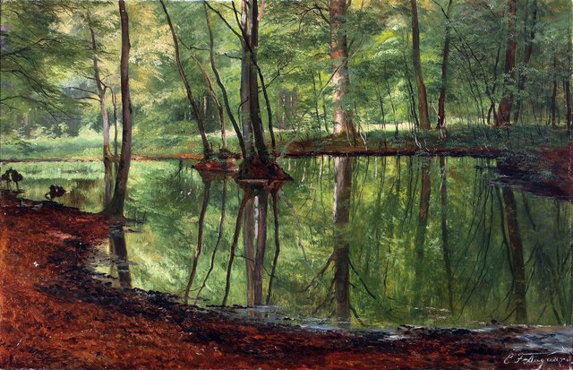 Beech trees reflected in a lake in the woods. by Carl Frederik Aagaard
