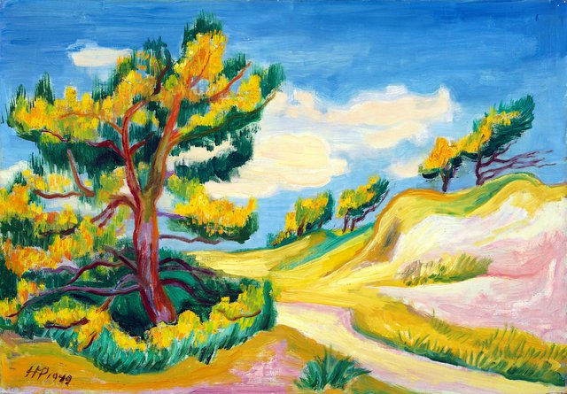 Blühende Kiefern in den Dünen by Max Pechstein