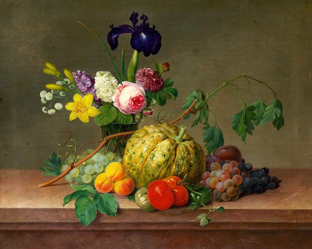 Still-life with flowers and fruit on a stone ledge. by Johannes Ludvig Camradt