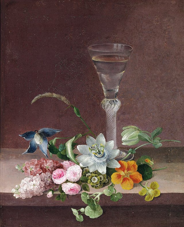 Summer flowers and a glass on a ledge. by Johannes Ludvig Camradt