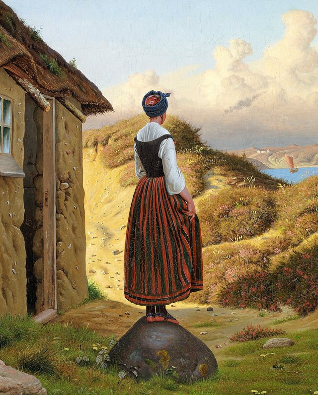 A young woman looking out for a boat. by Christen Dalsgaard