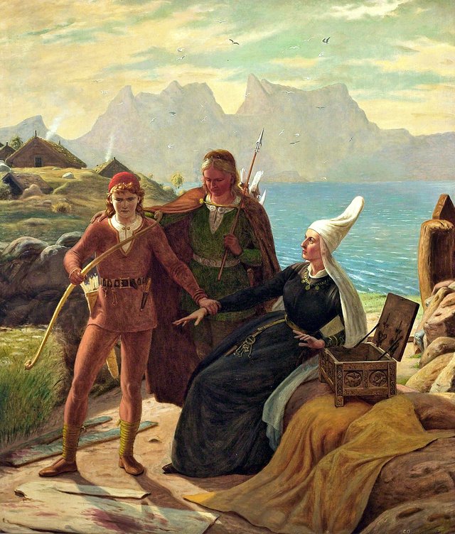Mythological scene with persons in a mountain landscape. by Christen Dalsgaard
