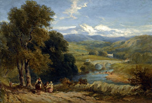 Landscape with a distant view of Bolton Abbey, Yorkshire, and the river Wharfe by David Cox