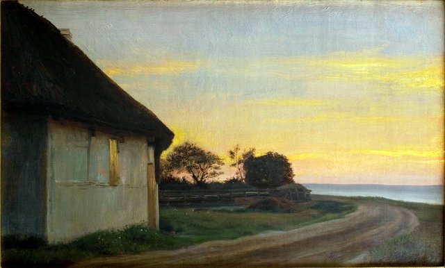 Evening lanscape with a house and garden by the sea. Ellekilde by Carl Bloch