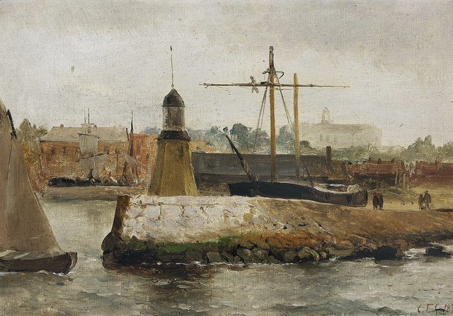 The port of Malmö on a grey day. by Carl Frederik Sørensen