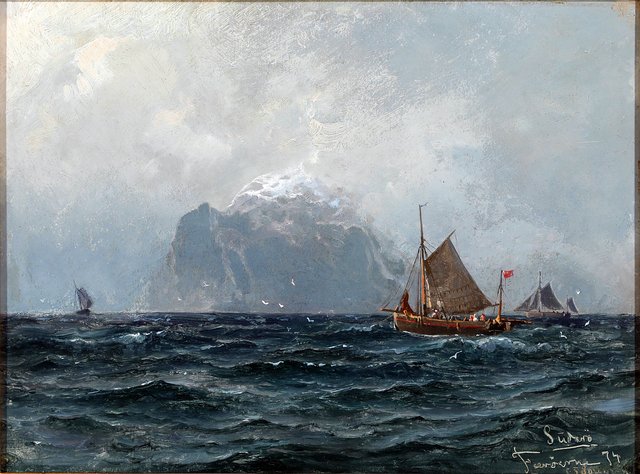 Coastal scenery from The Faroe Islands with ships off Suduroy by Carl Frederik Sørensen