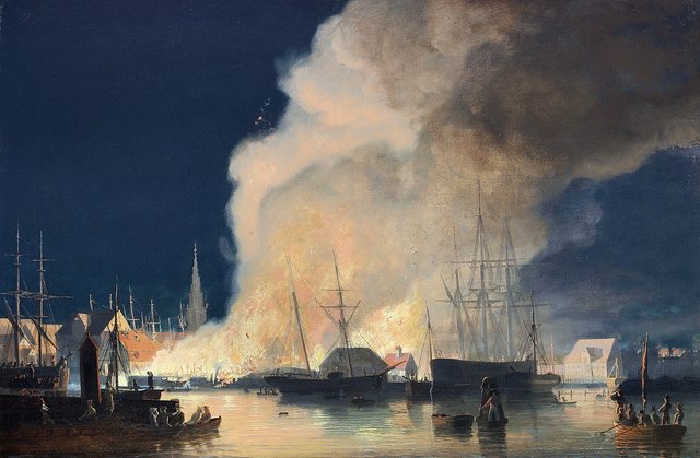 A nocturnal fire in the port of Copenhagen at Christianshavn. by Carl Frederik Sørensen