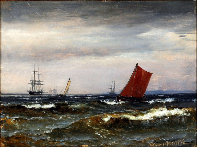 Sailors and fishing boats on The Sound by Carl Frederik Sørensen