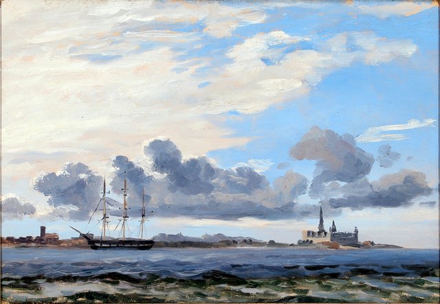 Coastal scene with a saling ship near Kronborg by Carl Frederik Sørensen