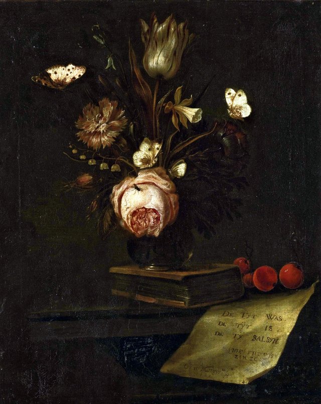 Still life with flowers in a vase, butterflies, a book and a letter by Otto Marseus van Schrieck