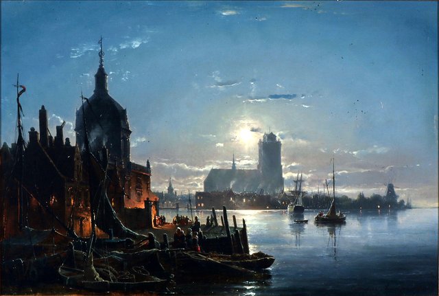 View of Dordrecht in moonlight by Carl Frederik Sørensen