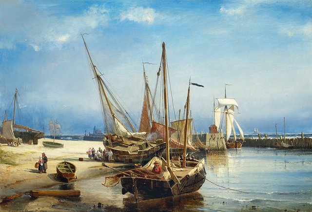 Coastal view with beached boats. by Carl Frederik Sørensen