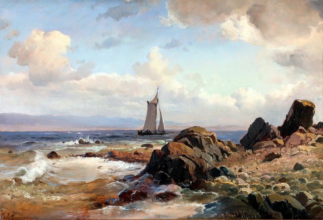 Seascape with a sailing ship off a rocky coast by Carl Frederik Sørensen
