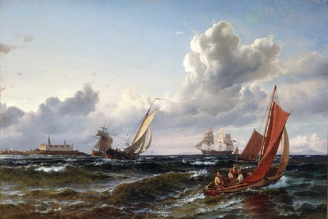 Sailing ships and a fishing boat in the Sound off Kronborg. by Carl Frederik Sørensen