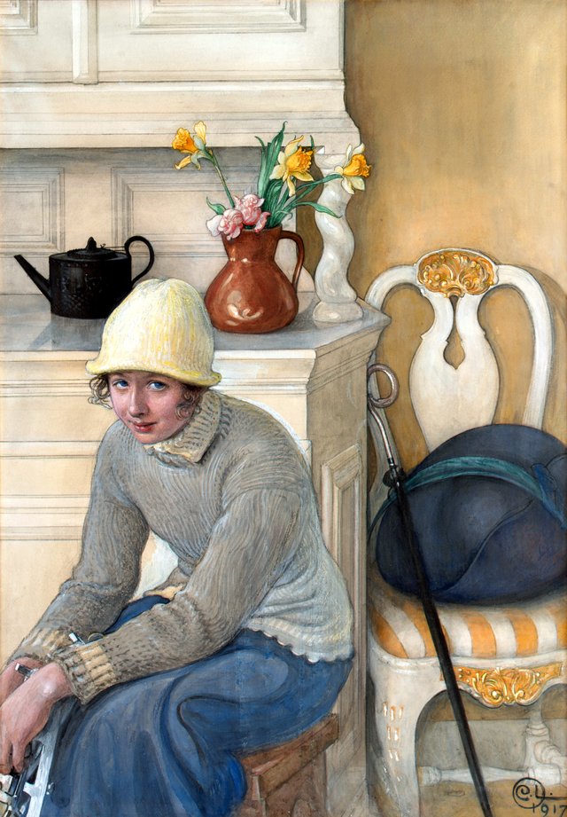 Girl with ice skates, interior from the school household, Falun by Carl Larsson