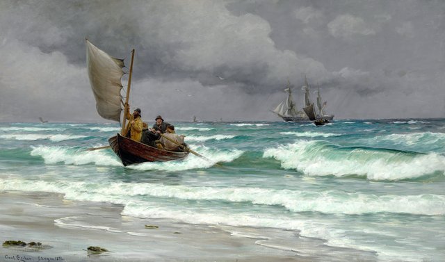 Men in a rowboat and a three-masted vessel off the coast at Skagen by Carl Locher