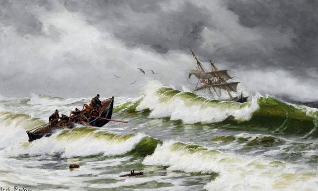 The lifeboat is on its way to rescue a beached ship by Carl Locher