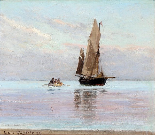 A rowboat with passengeres sailing away from a ship. by Carl Locher