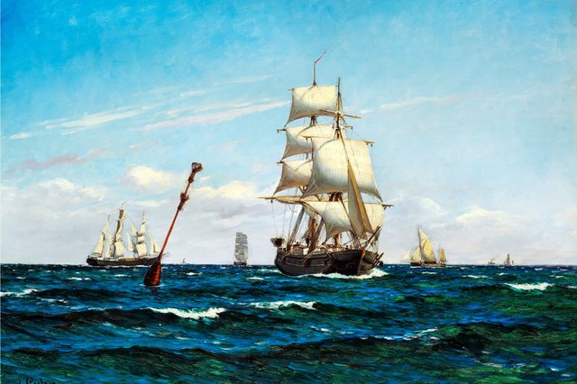 Numerous sailing ships at sea by Carl Locher