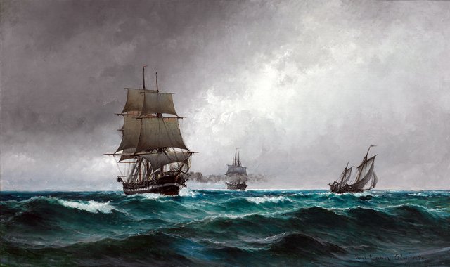 Quiet evening in the North Sea with the frigate "Jylland" surrounded by ships by Carl Locher