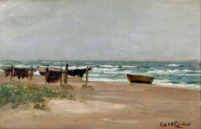 Strandkyst med optrukne joller og fiskenet, der hænger til tørre by Carl Locher
